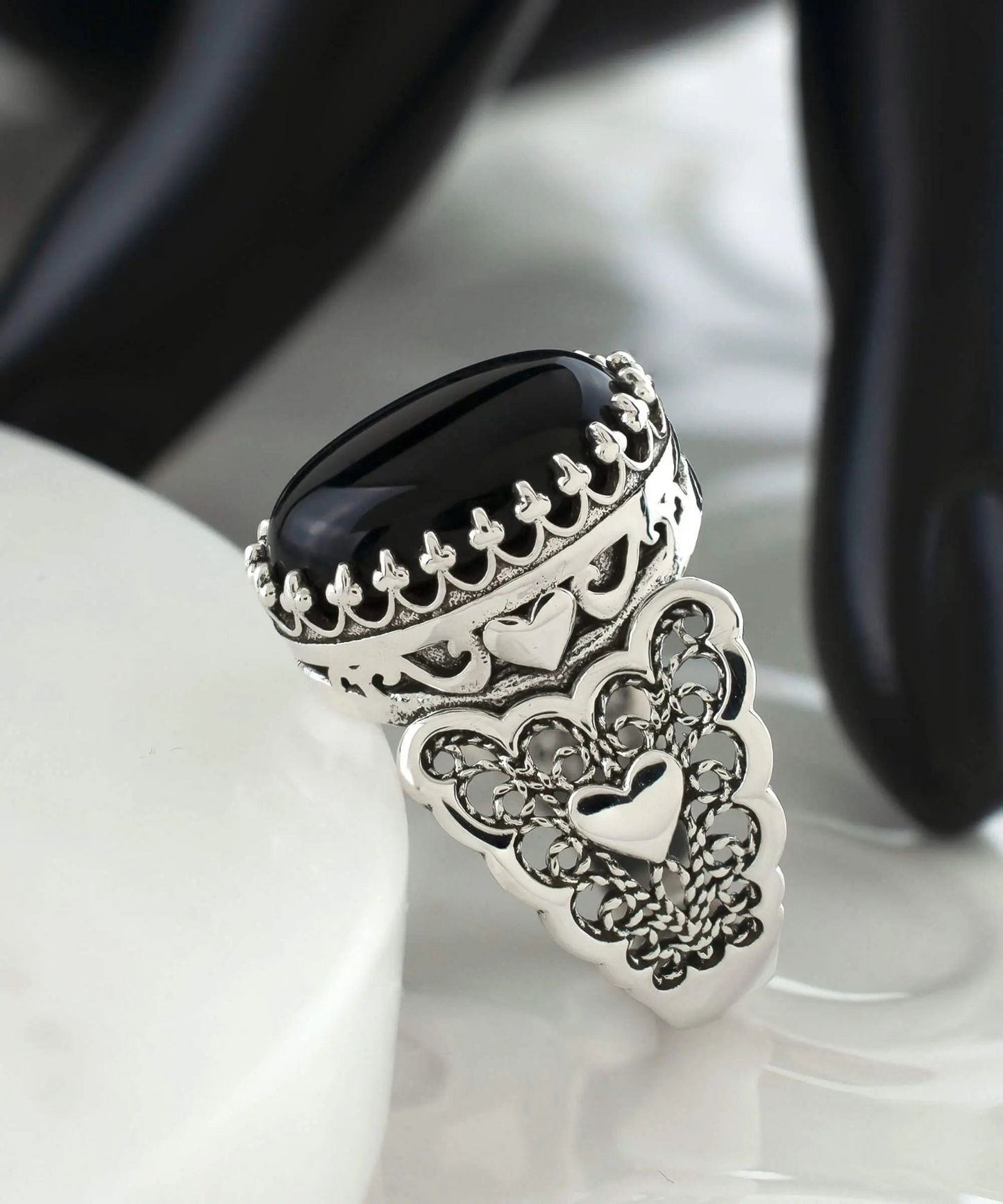Black Onyx Gemstone Double Heart Detailed Filigree Art 925 Sterling Silver Women Statement Ring